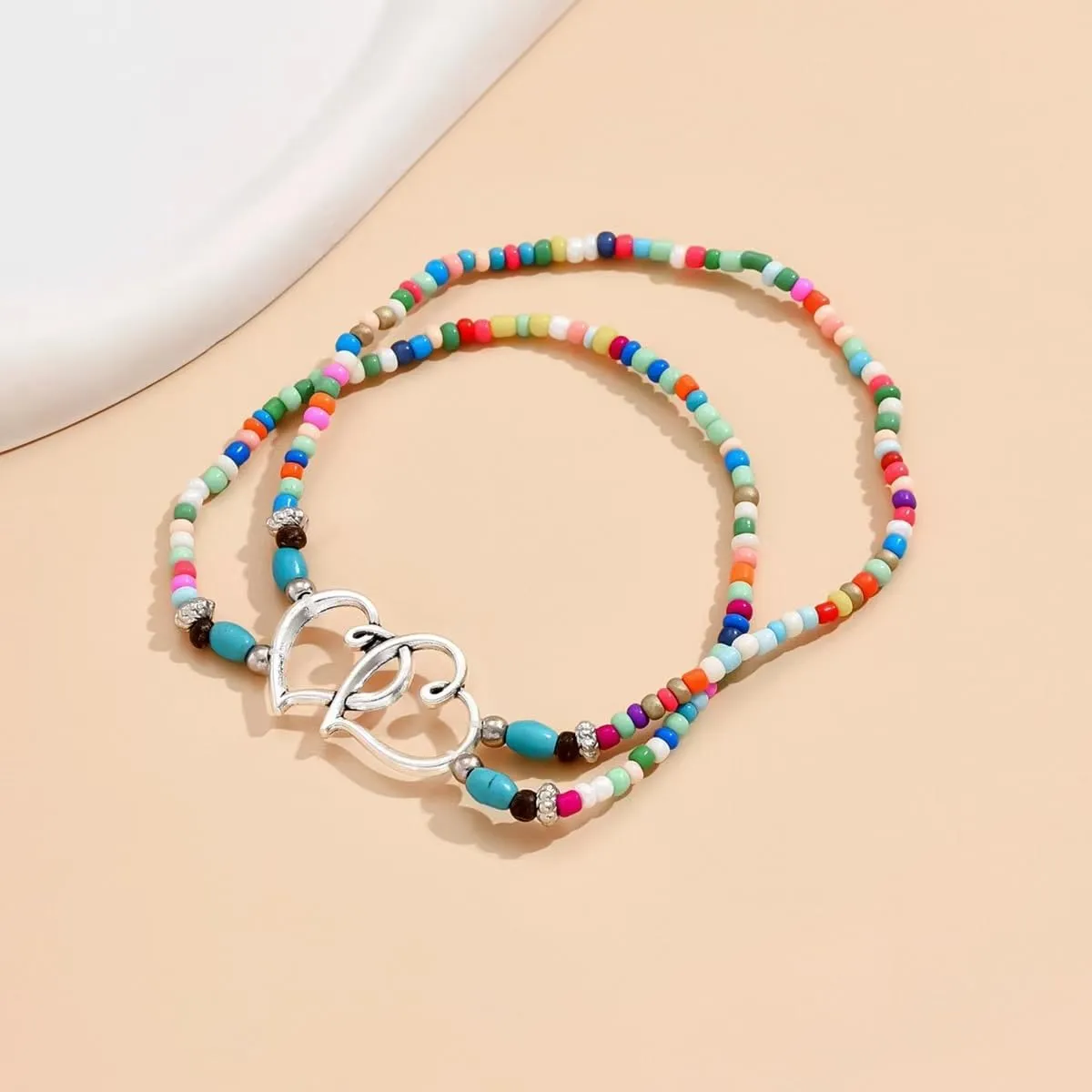 Ankle Bracelets for Women Waterproof Elastic Heart Anklet Stretchy Ankle Bracelets Colorful Beaded Anklets Boho Ankle Bracelets Silver Beach Anklet Jewelry Accessories for Summer