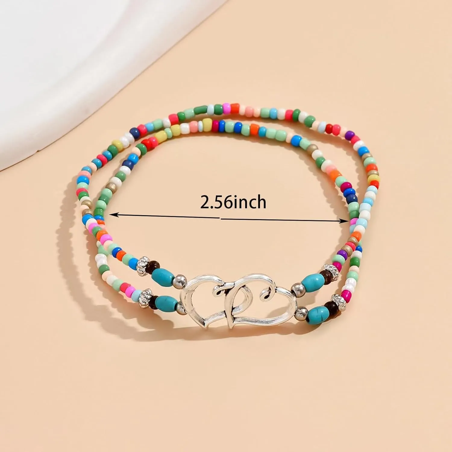 Ankle Bracelets for Women Waterproof Elastic Heart Anklet Stretchy Ankle Bracelets Colorful Beaded Anklets Boho Ankle Bracelets Silver Beach Anklet Jewelry Accessories for Summer