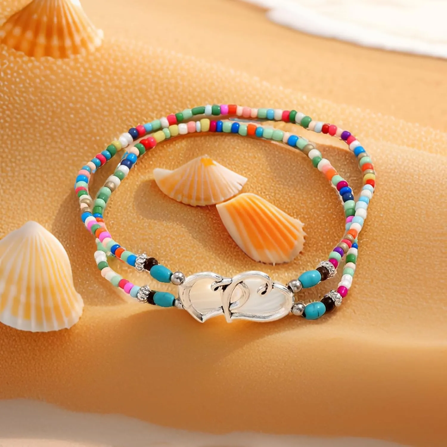 Ankle Bracelets for Women Waterproof Elastic Heart Anklet Stretchy Ankle Bracelets Colorful Beaded Anklets Boho Ankle Bracelets Silver Beach Anklet Jewelry Accessories for Summer