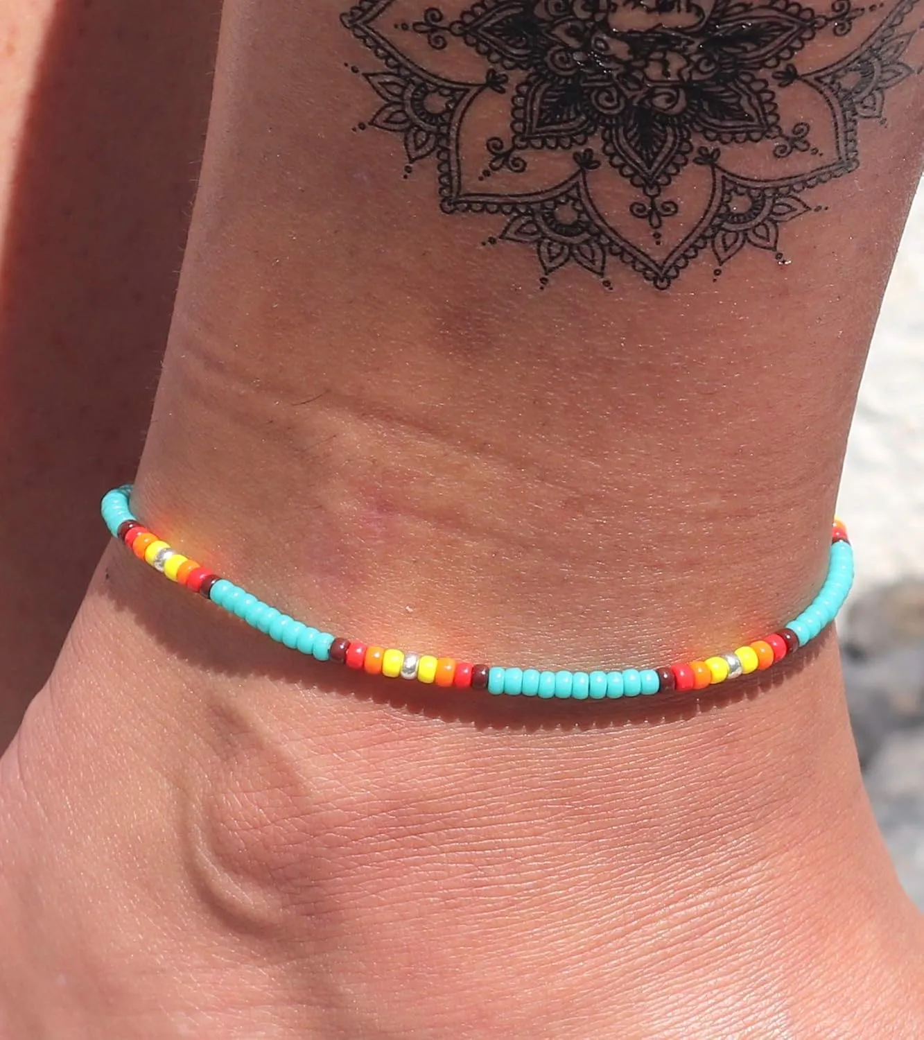 Anklet for Women, Turquoise Beaded Native American Style Boho Anklet, Bohemian Hippie Colorful Beach Summer Waterproof Anklet for Women and Girls, Handmade by Tribes (S-M (adjustable))