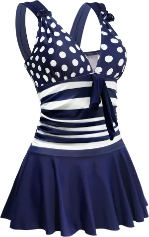 AONTUS Plus Size Contrast Color Swimsuits Tummy Control Boy Shorts for Women with Quick-Dry V-Neck