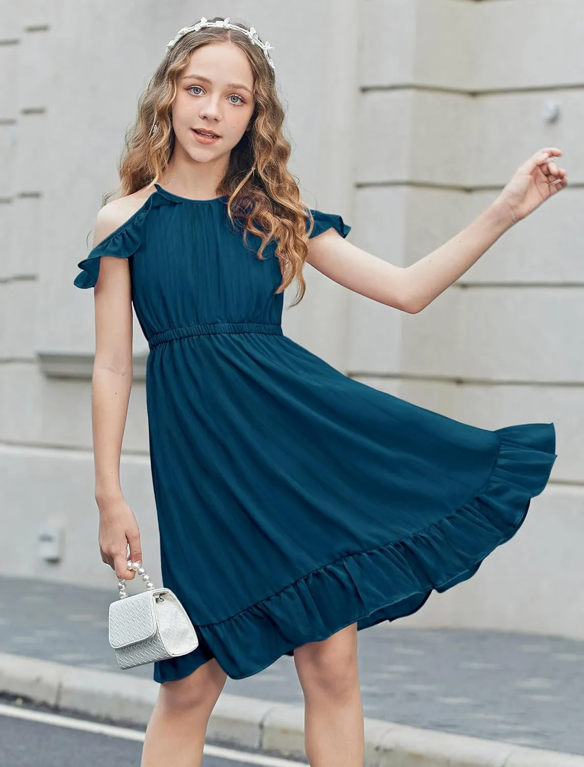Arshiner Girls Dress Halter Neck Ruffle Sleeveless Formal Party Casual Summer Sundress for 5-14 Years