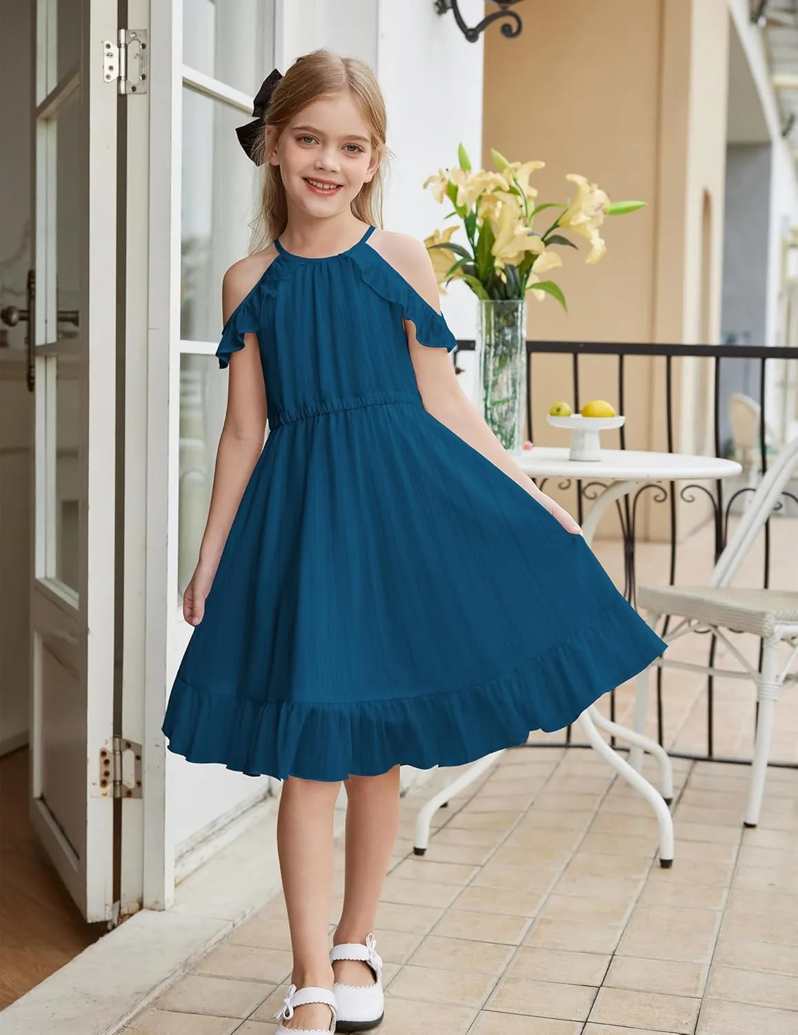 Arshiner Girls Dress Halter Neck Ruffle Sleeveless Formal Party Casual Summer Sundress for 5-14 Years