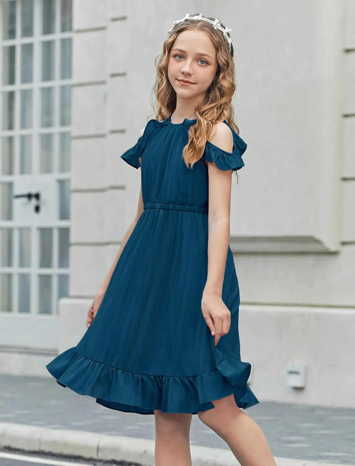 Arshiner Girls Dress Halter Neck Ruffle Sleeveless Formal Party Casual Summer Sundress for 5-14 Years