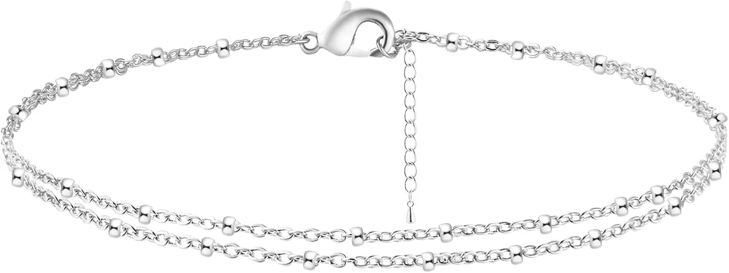 ASCOMY Ankle Bracelets for Women 14K Gold Plated Anklet for Women Silver Layered Shining Tennis Anklet Dainty Beaded Bar Dot Pearl Satellite Link Chain Anklets Summer Beach Foot Chain Jewelry Gifts