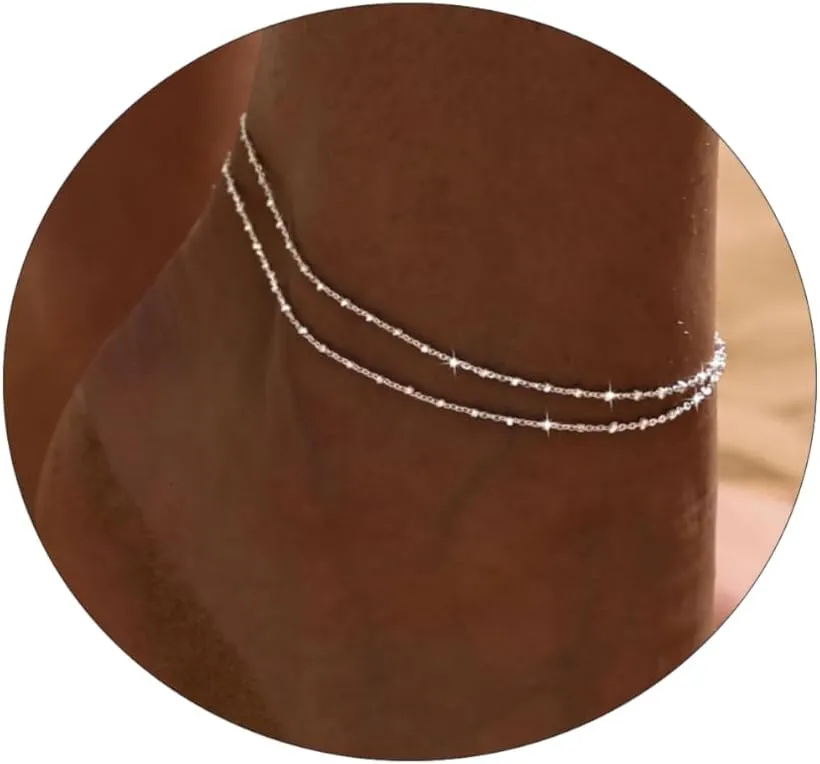 ASCOMY Ankle Bracelets for Women 14K Gold Plated Anklet for Women Silver Layered Shining Tennis Anklet Dainty Beaded Bar Dot Pearl Satellite Link Chain Anklets Summer Beach Foot Chain Jewelry Gifts