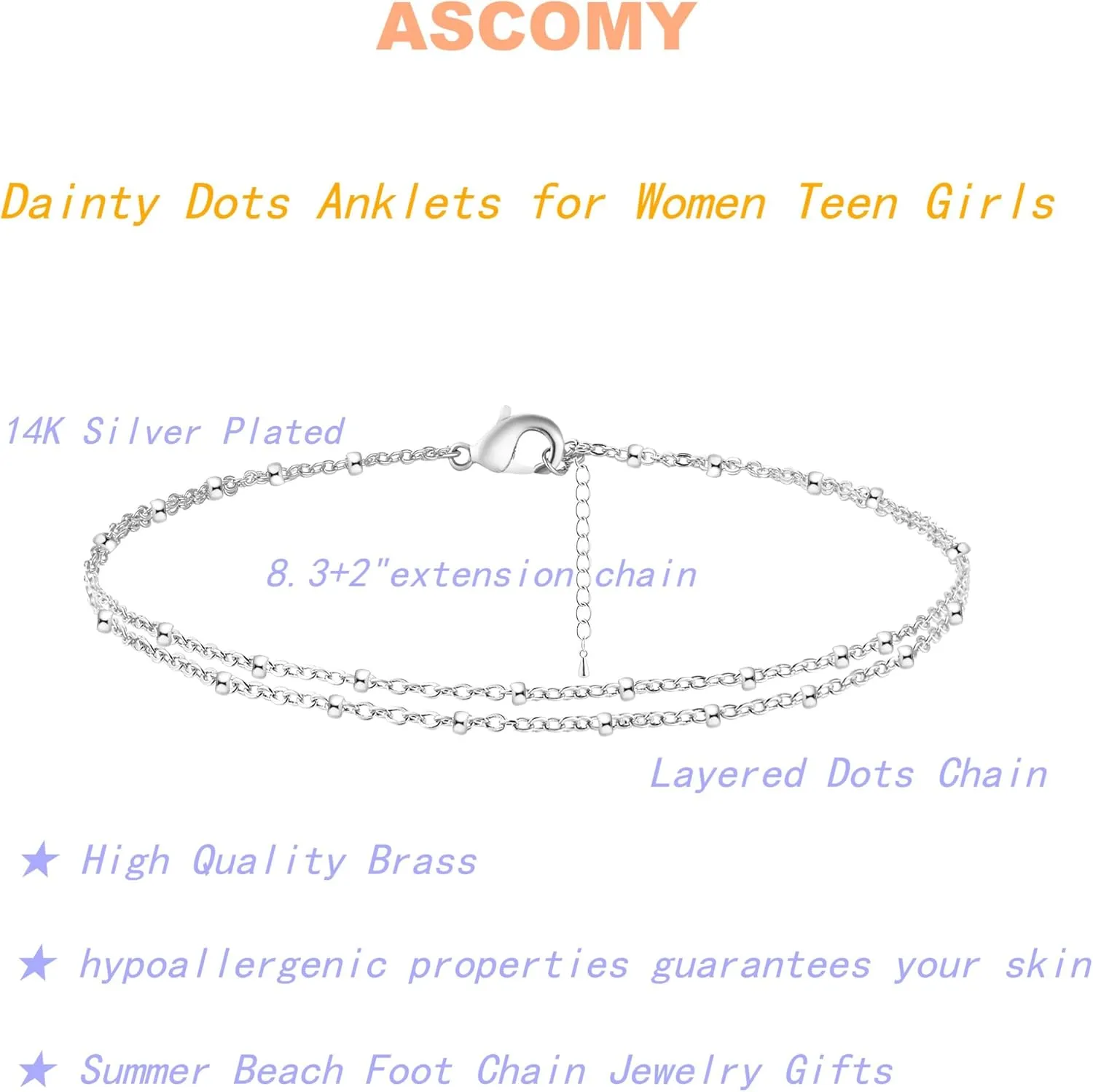 ASCOMY Ankle Bracelets for Women 14K Gold Plated Anklet for Women Silver Layered Shining Tennis Anklet Dainty Beaded Bar Dot Pearl Satellite Link Chain Anklets Summer Beach Foot Chain Jewelry Gifts