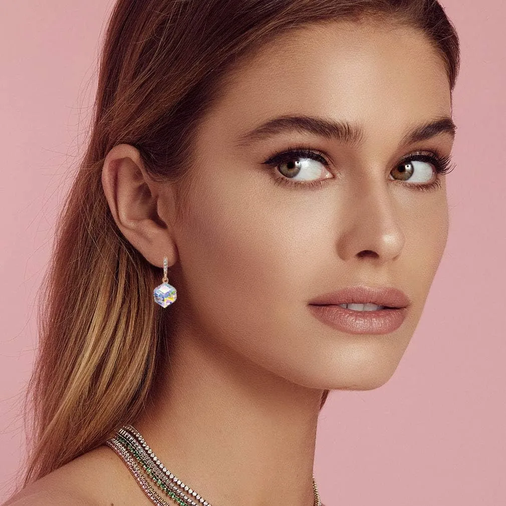 Austrian Crystal Cube Drop Dangle Earrings for Women 14K Gold Plated Hypoallergenic Jewelry