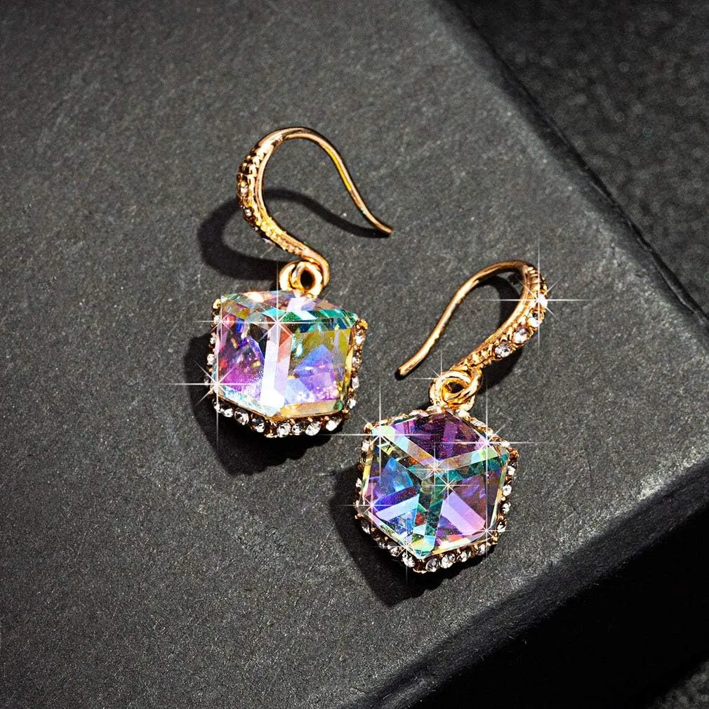 Austrian Crystal Cube Drop Dangle Earrings for Women 14K Gold Plated Hypoallergenic Jewelry