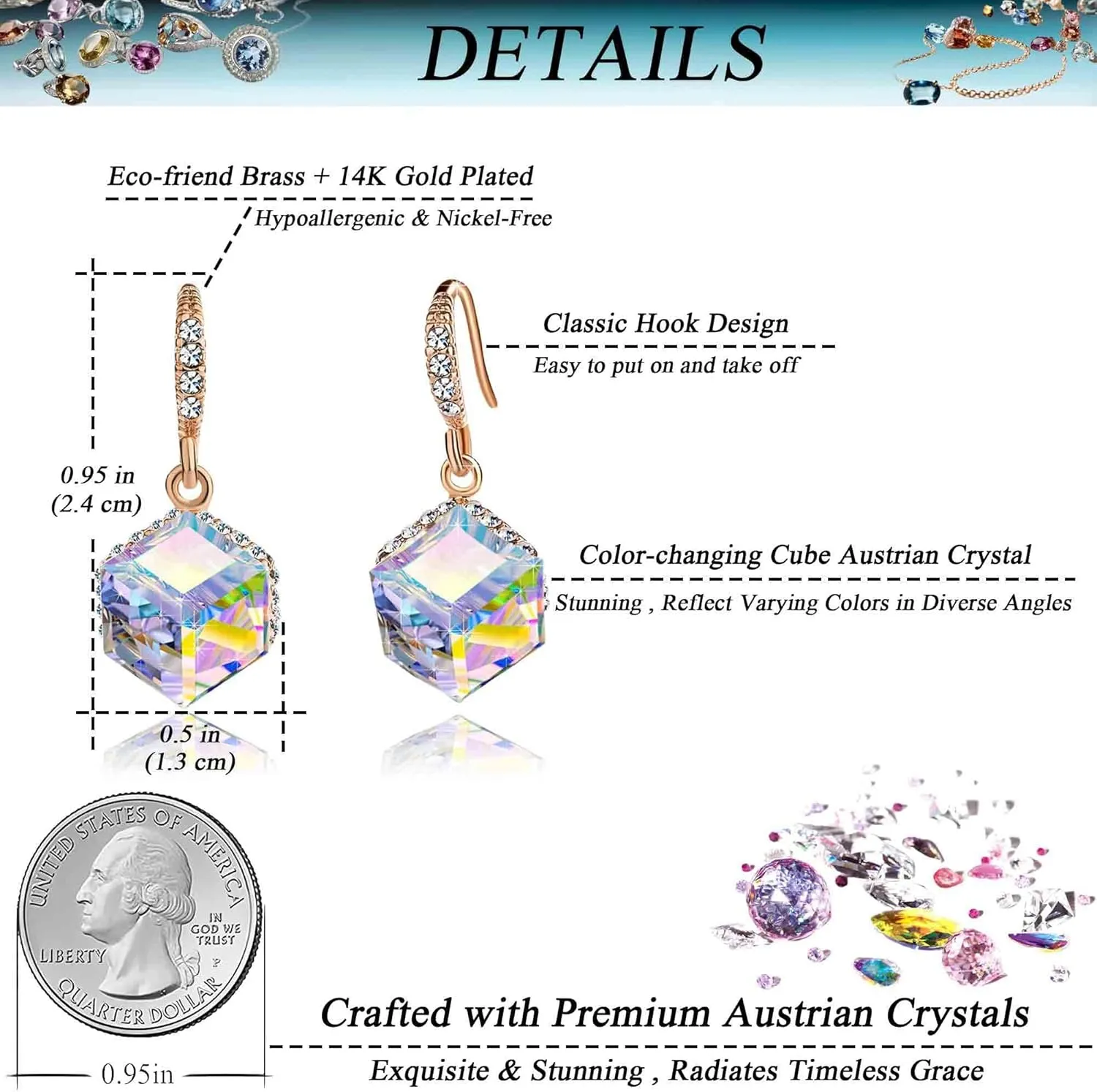 Austrian Crystal Cube Drop Dangle Earrings for Women 14K Gold Plated Hypoallergenic Jewelry