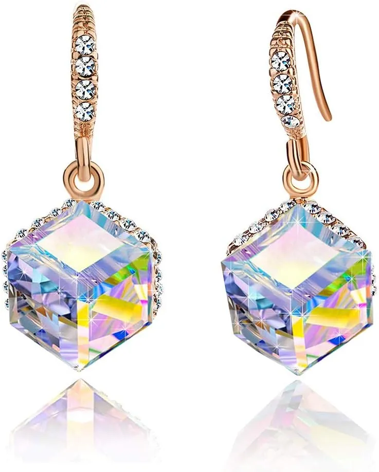 Austrian Crystal Cube Drop Dangle Earrings for Women 14K Gold Plated Hypoallergenic Jewelry