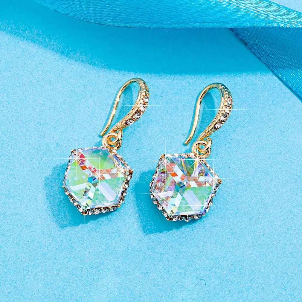 Austrian Crystal Cube Drop Dangle Earrings for Women 14K Gold Plated Hypoallergenic Jewelry