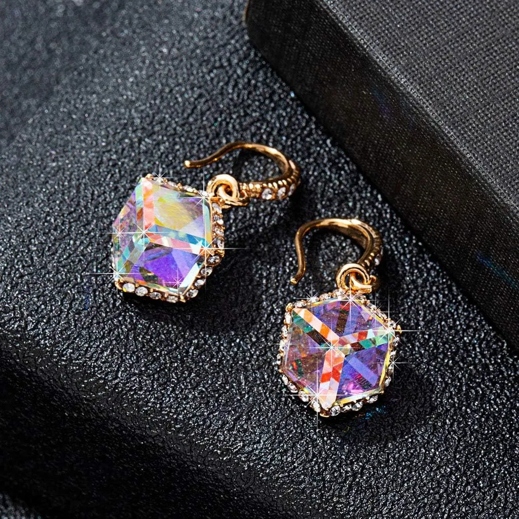 Austrian Crystal Cube Drop Dangle Earrings for Women 14K Gold Plated Hypoallergenic Jewelry