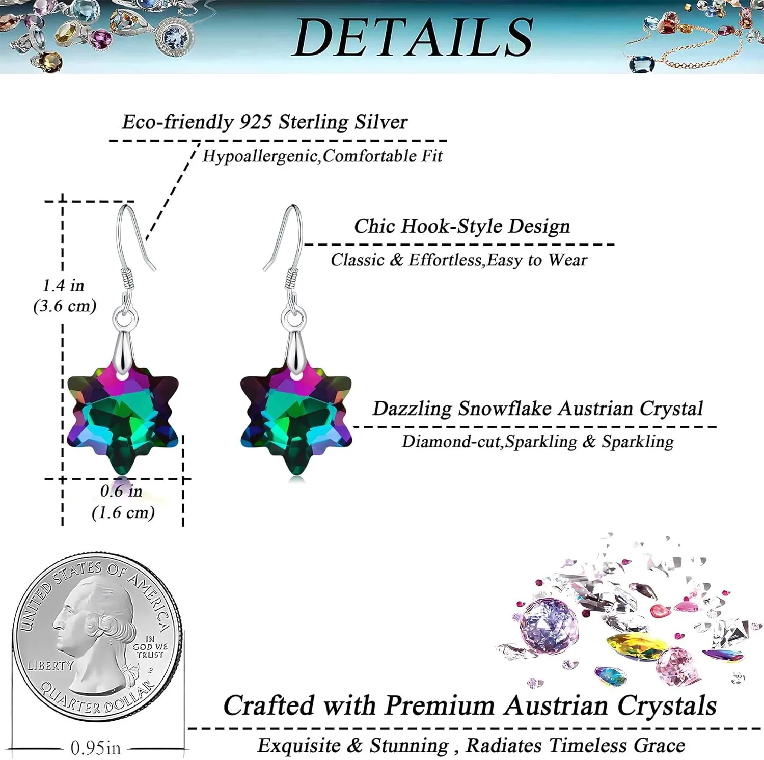 Austrian Crystal Snowflake Drop Dangle Earrings for Women 925 Sterling Silver Hook Hypoallergenic Jewelry Christmas Gift