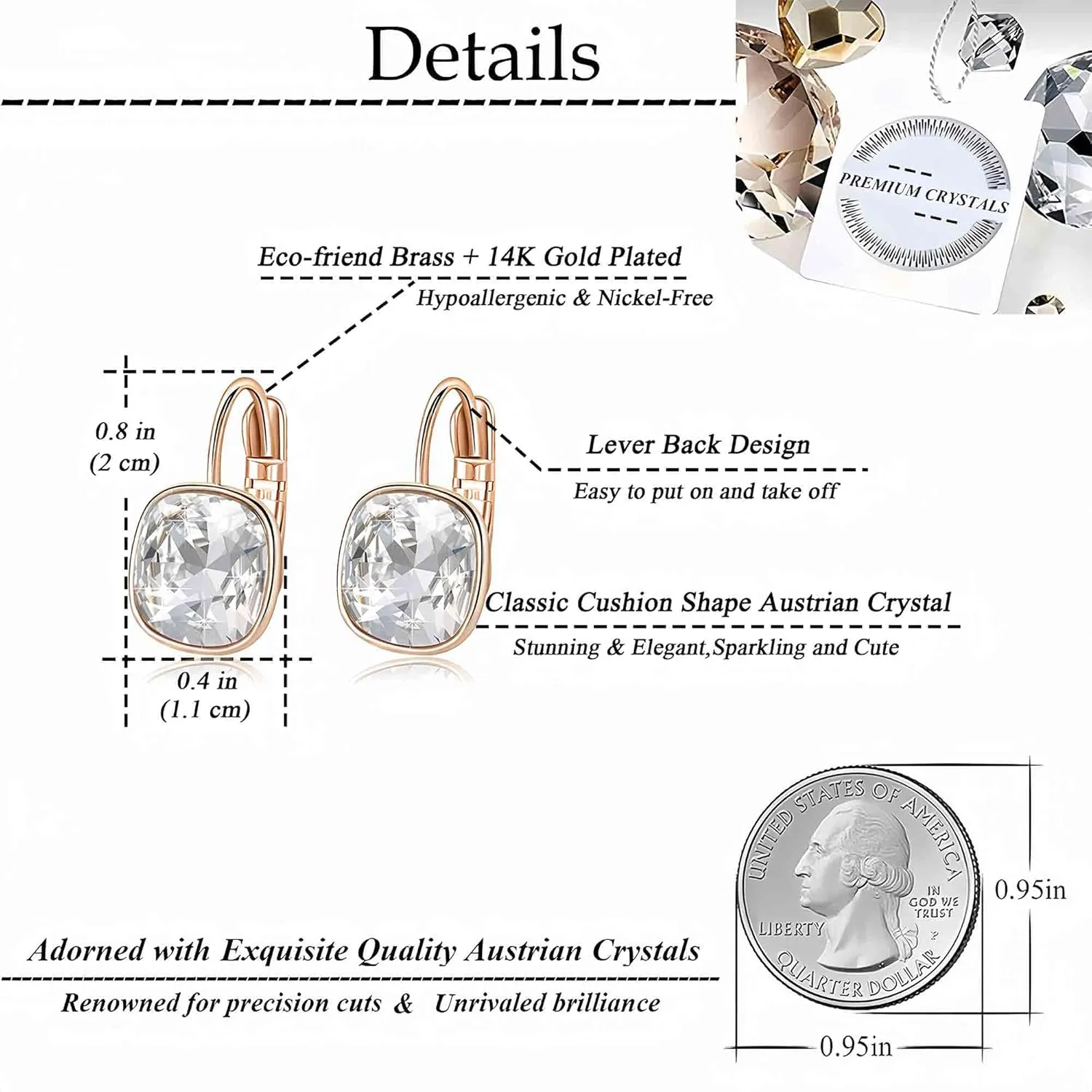 Austrian Crystal Square Cushion Drop Leverback Earrings for Women 14K Rose Gold Plated Hypoallergenic Jewelry