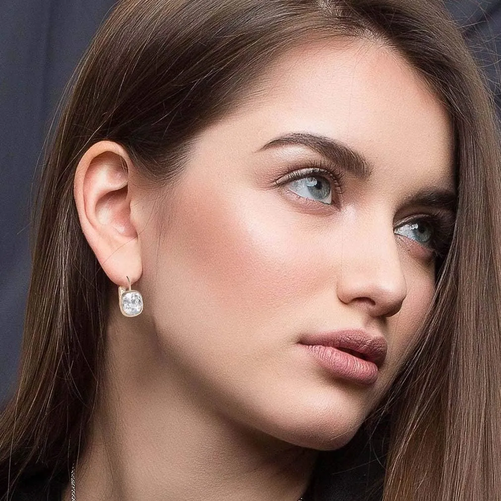 Austrian Crystal Square Cushion Drop Leverback Earrings for Women 14K Rose Gold Plated Hypoallergenic Jewelry