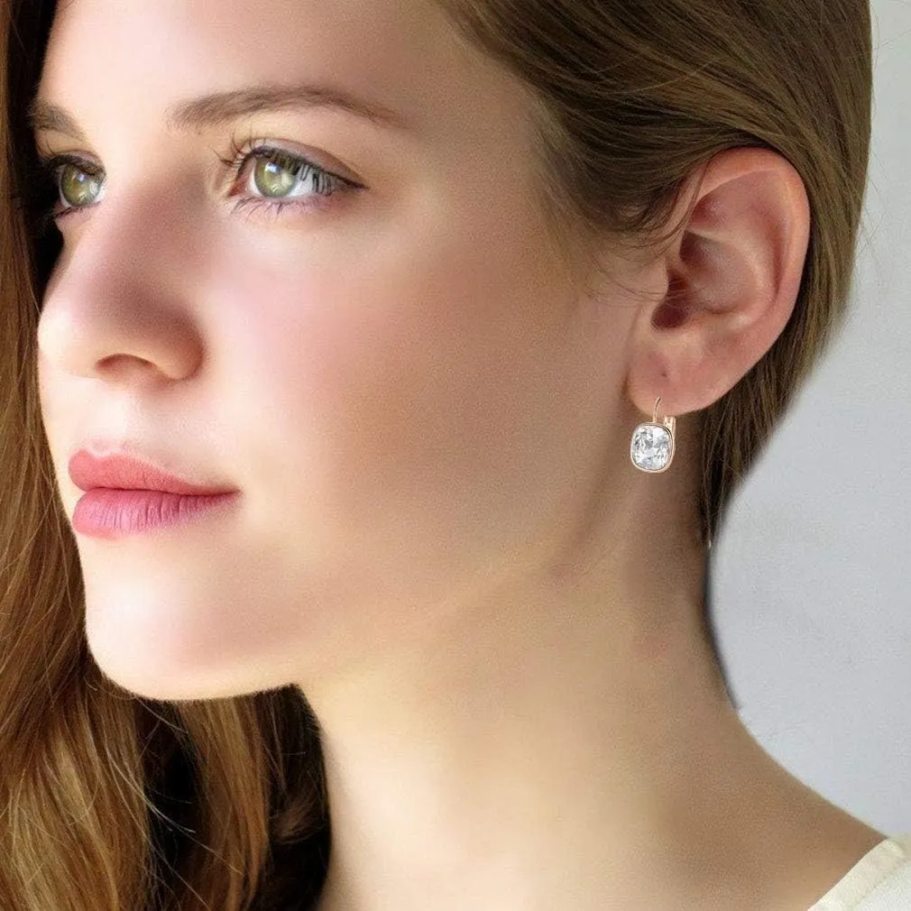 Austrian Crystal Square Cushion Drop Leverback Earrings for Women 14K Rose Gold Plated Hypoallergenic Jewelry