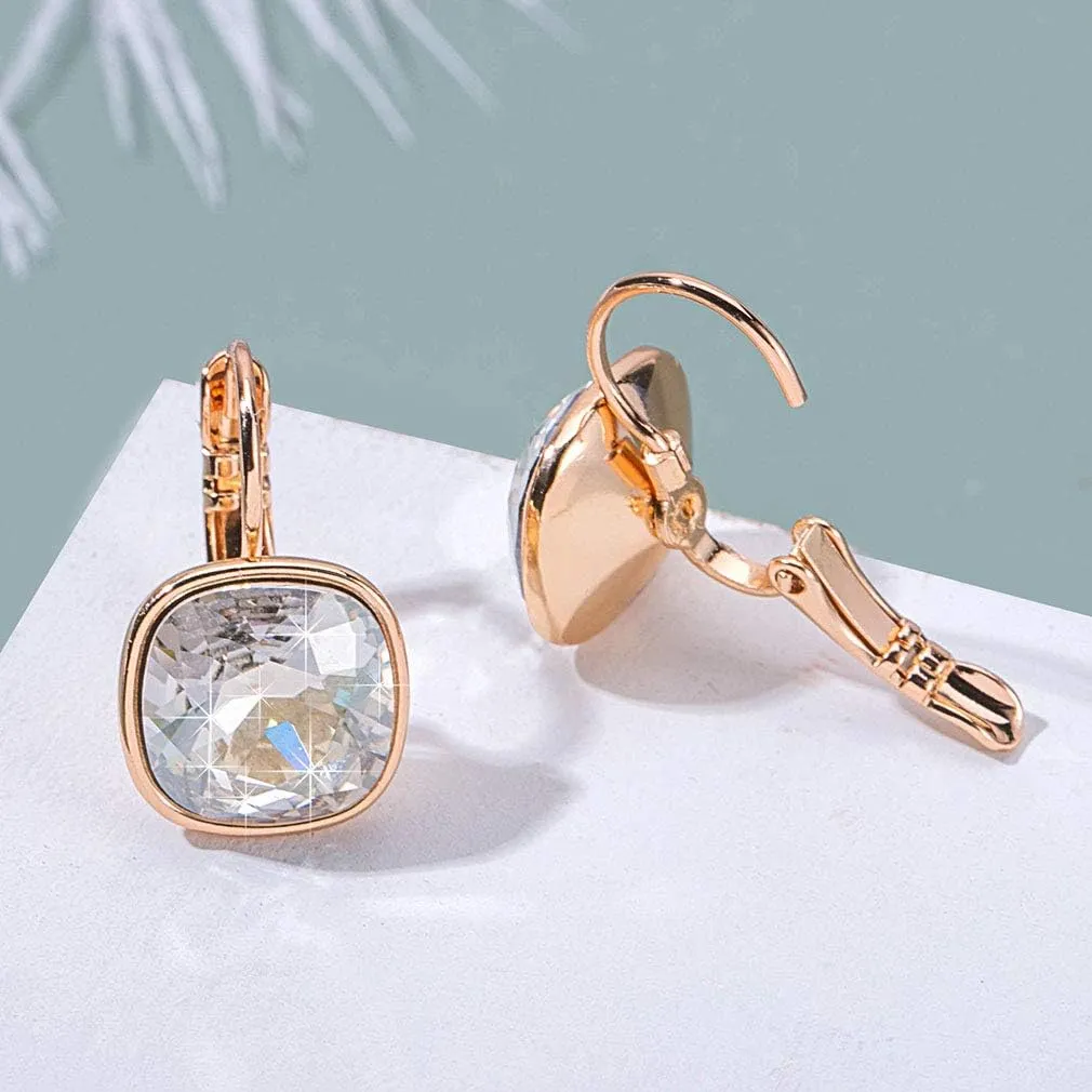 Austrian Crystal Square Cushion Drop Leverback Earrings for Women 14K Rose Gold Plated Hypoallergenic Jewelry
