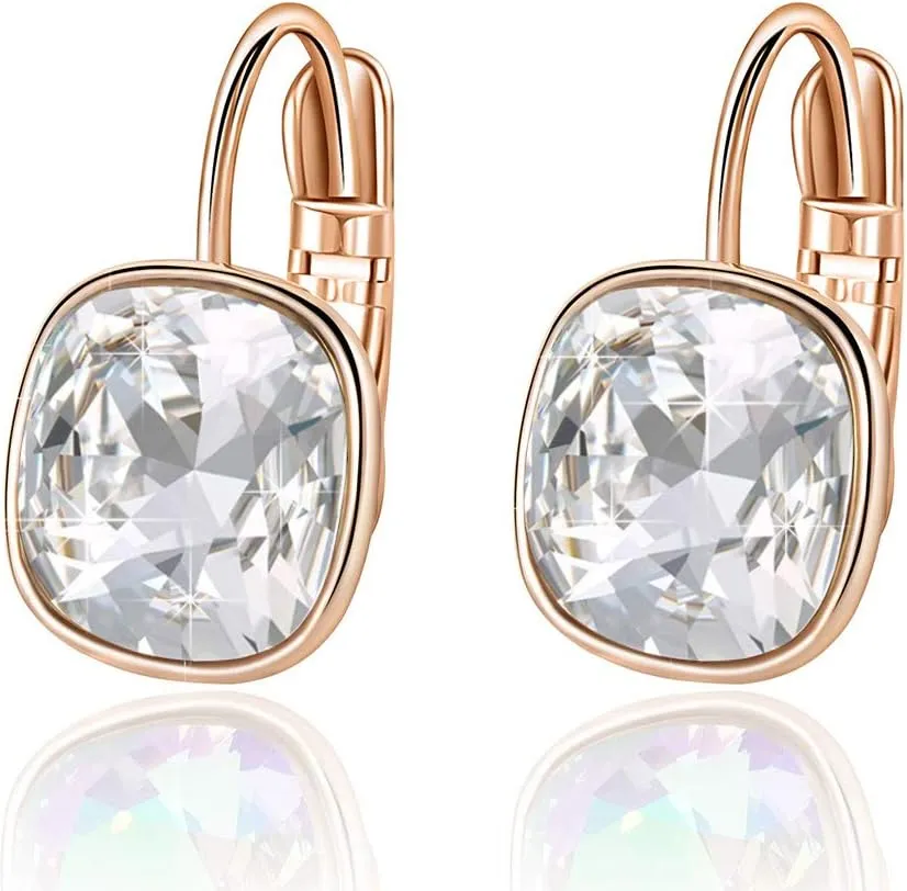 Austrian Crystal Square Cushion Drop Leverback Earrings for Women 14K Rose Gold Plated Hypoallergenic Jewelry