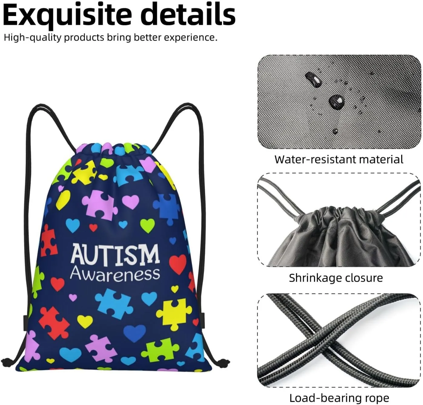 Autism Awareness Drawstring Bags Autism Adjustable Bags Backpack for Sports, Gym, Yoga,Travel, Swimming, Beach