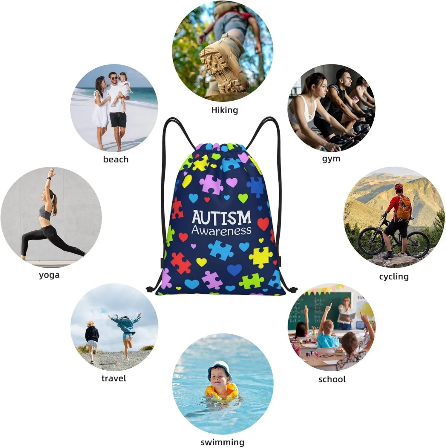 Autism Awareness Drawstring Bags Autism Adjustable Bags Backpack for Sports, Gym, Yoga,Travel, Swimming, Beach