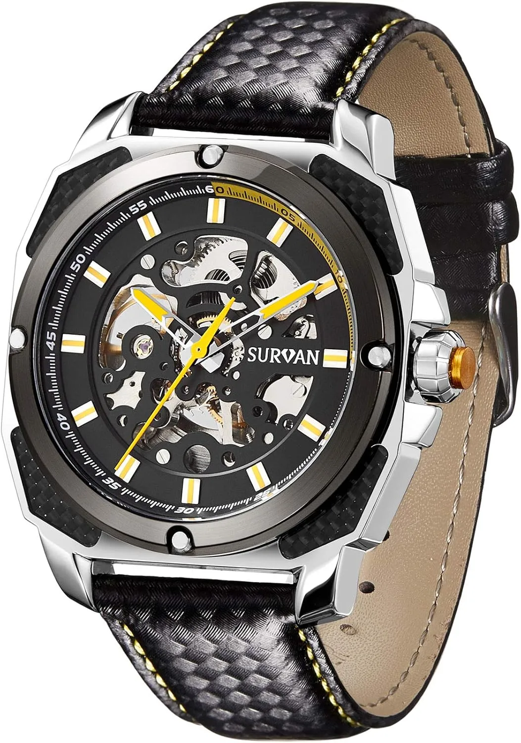 Automatic Watches for Men Mechanical Watch(No Battery Need) Top Leather Strap Skeleton Watch Multi-Function Dial Waterproof
