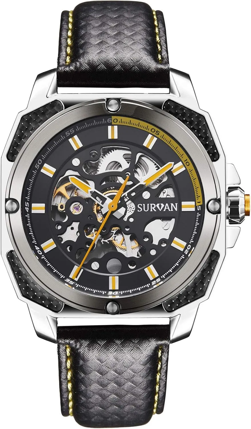 Automatic Watches for Men Mechanical Watch(No Battery Need) Top Leather Strap Skeleton Watch Multi-Function Dial Waterproof