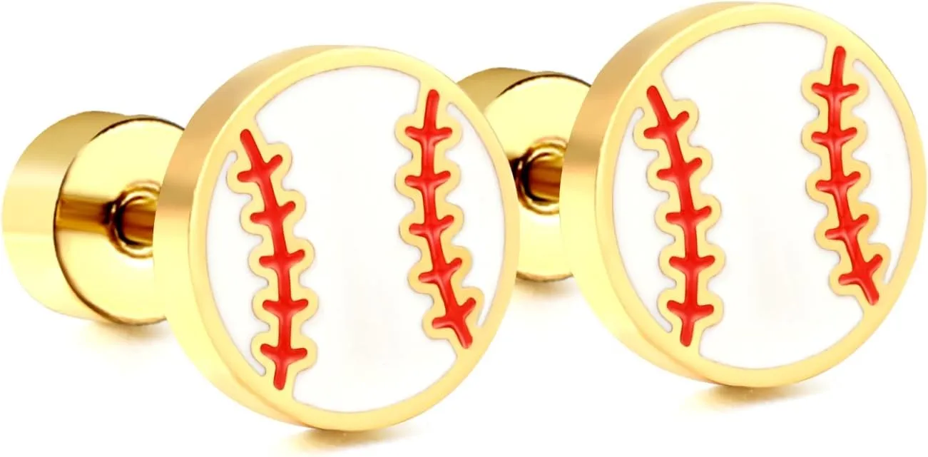 Baseball Screw Flat Back Small Stud Earrings Stainless Steel Gold Plated Sport Cartilage Tragus Piercing Little Studs Hypoallergenic Jewelry for Sport Fans