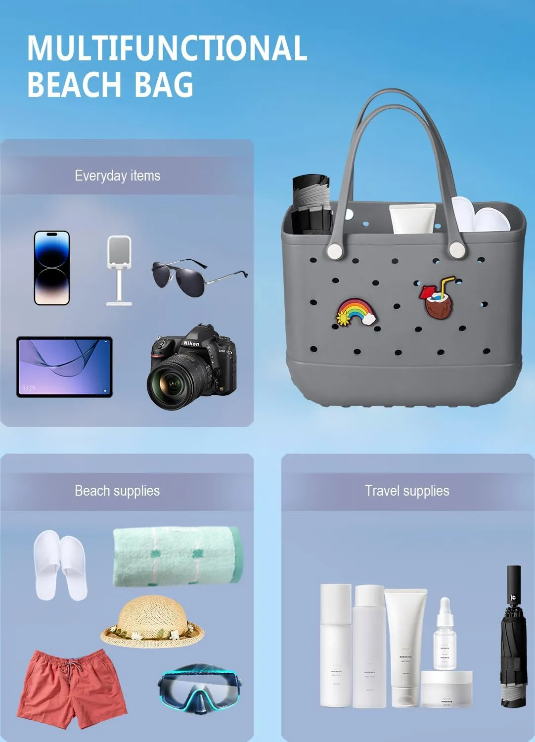 Beach Bag Rubber Tote Bag - Waterproof Travel Bag for Women Washable Tote Bag Handbag for Sports Beach Market Pool