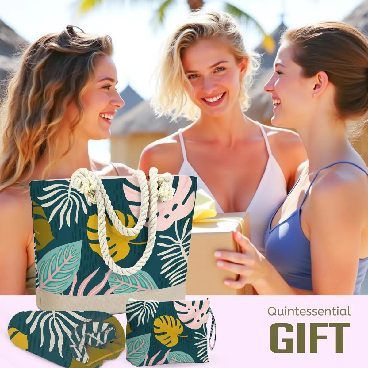 Beach Bags for Women, Beach Towel, Wet Bag Cosmetic Bag, Pool Waterproof Shoulder Tote Bags, Pocket Zipper Summer Travel Essentials, Gifts for Women Birthday - Tropical Plant Leaves (3-Piece Set)