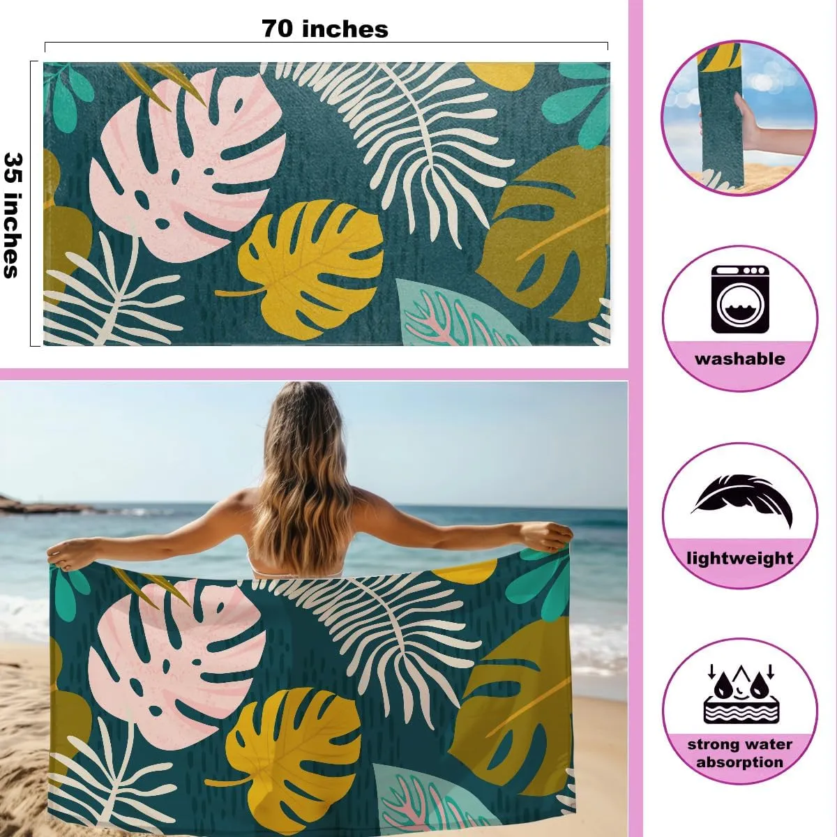Beach Bags for Women, Beach Towel, Wet Bag Cosmetic Bag, Pool Waterproof Shoulder Tote Bags, Pocket Zipper Summer Travel Essentials, Gifts for Women Birthday - Tropical Plant Leaves (3-Piece Set)