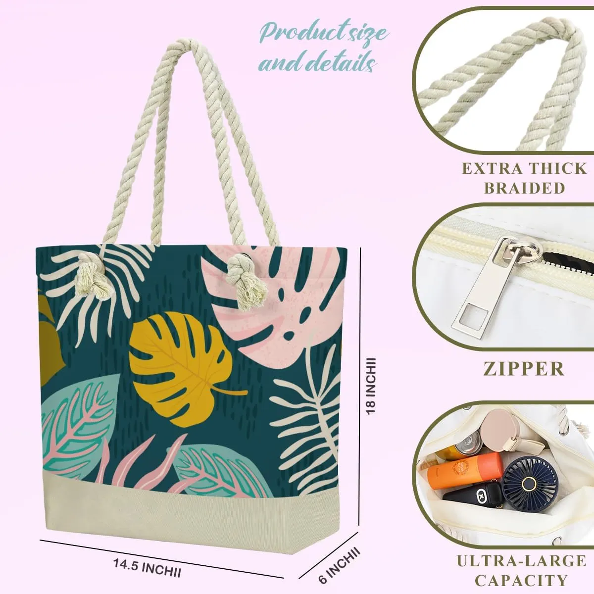 Beach Bags for Women, Beach Towel, Wet Bag Cosmetic Bag, Pool Waterproof Shoulder Tote Bags, Pocket Zipper Summer Travel Essentials, Gifts for Women Birthday - Tropical Plant Leaves (3-Piece Set)