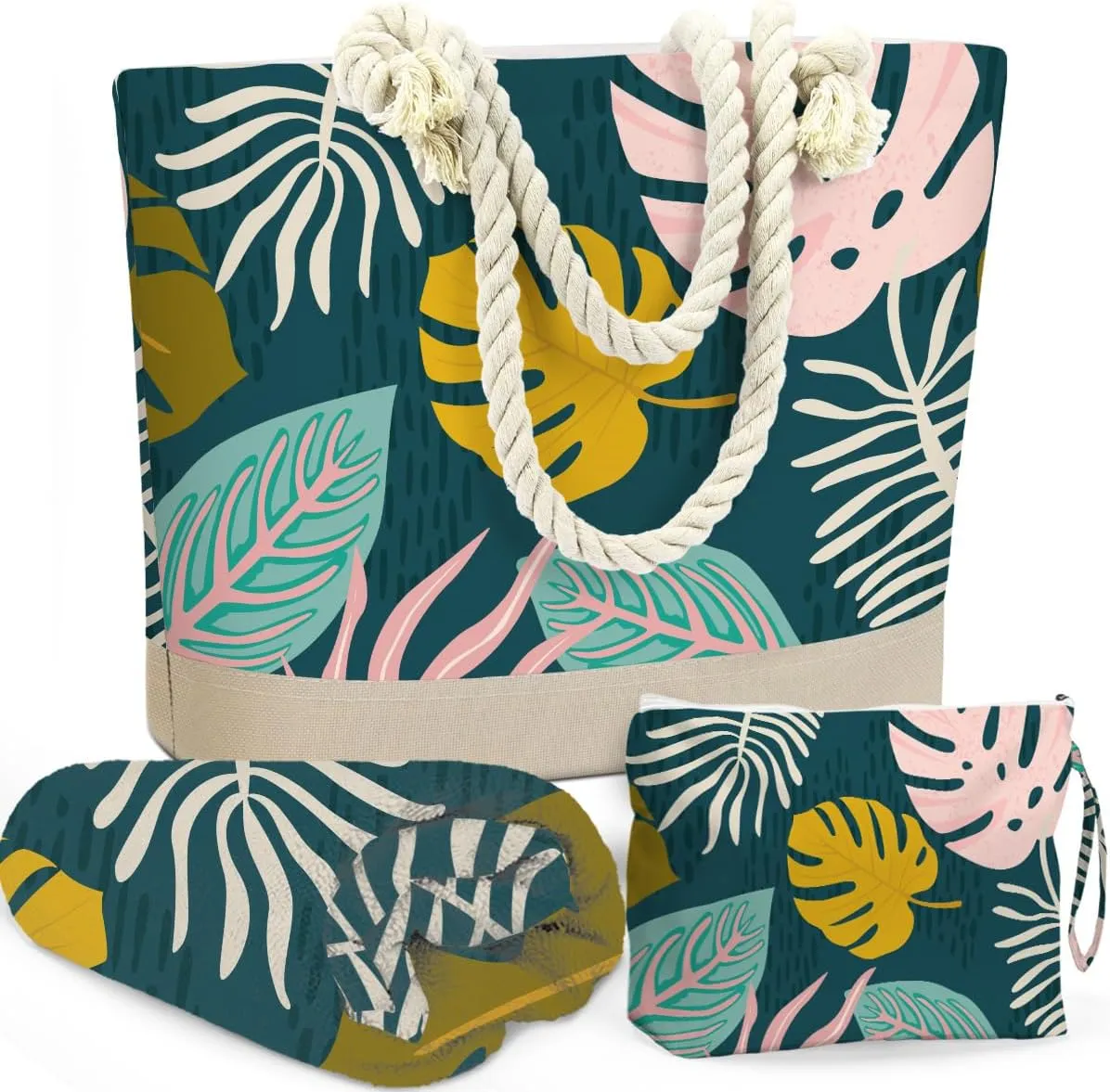 Beach Bags for Women, Beach Towel, Wet Bag Cosmetic Bag, Pool Waterproof Shoulder Tote Bags, Pocket Zipper Summer Travel Essentials, Gifts for Women Birthday - Tropical Plant Leaves (3-Piece Set)