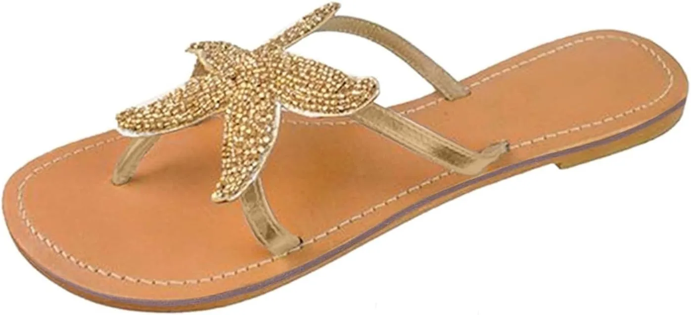 Beach Sandals for Woman Summer Fashion Starfish Slippers Casual Lightweight Slip-on Open Toe Thong Flip Flops Breathable Knitted Pentagram Outdoor Slippers