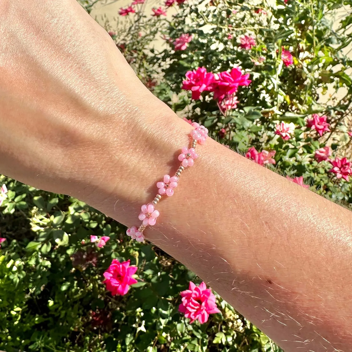 Beaded Flower Bracelet/Anklet | Pink and Rose Gold Flower Chain (L - 8.5 inches)