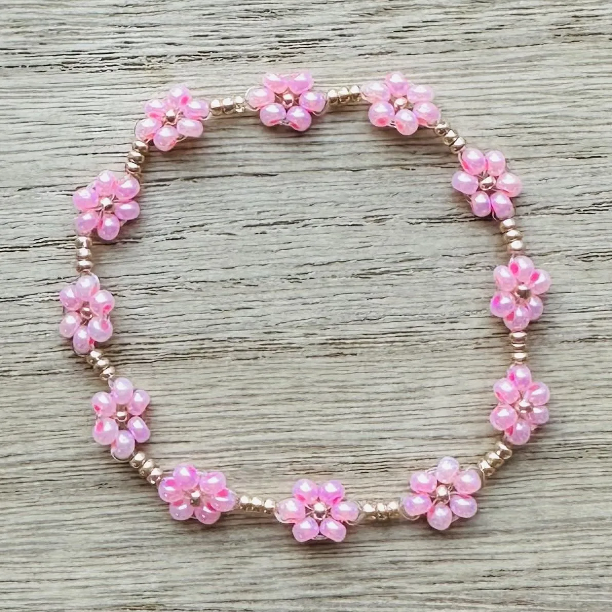 Beaded Flower Bracelet/Anklet | Pink and Rose Gold Flower Chain (L - 8.5 inches)