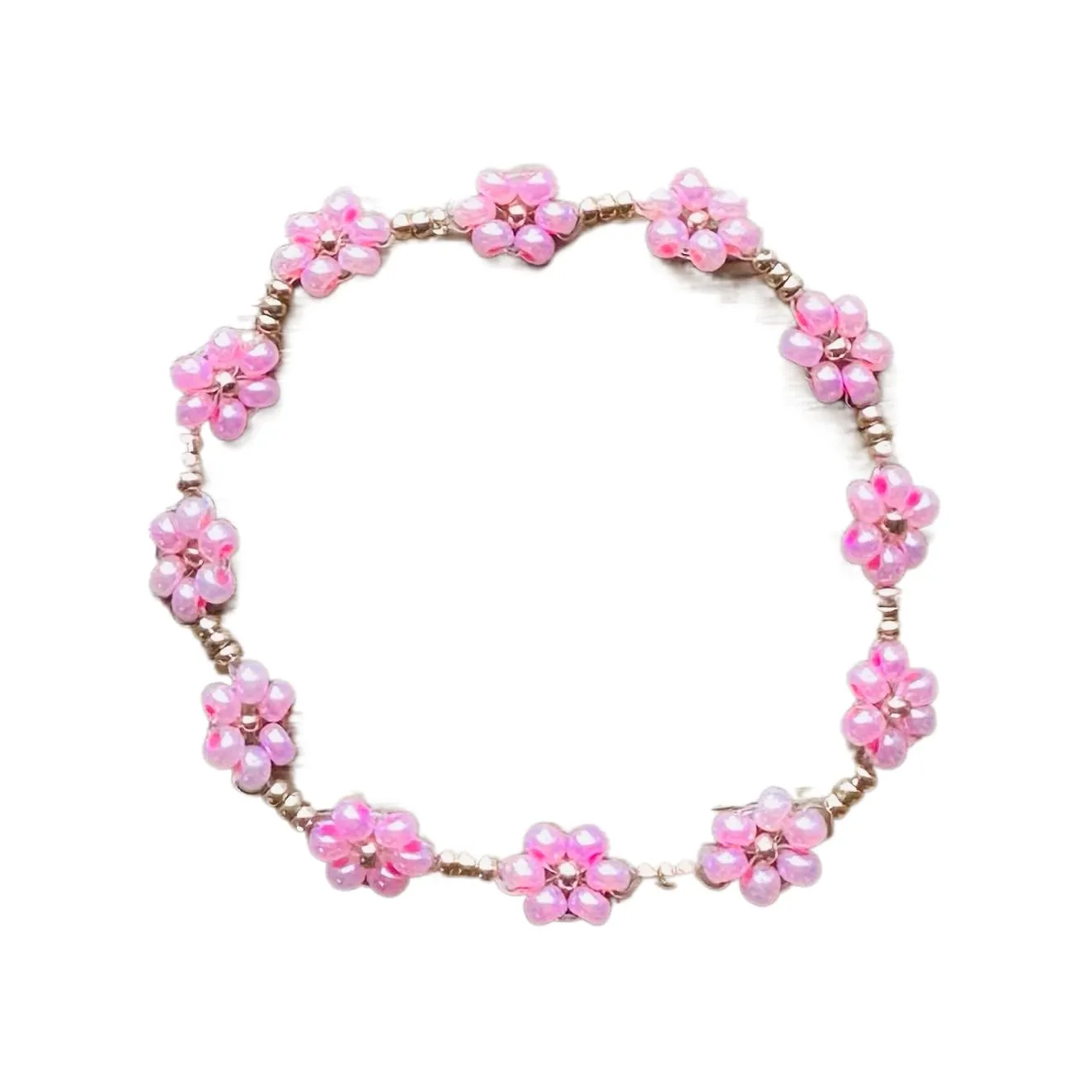 Beaded Flower Bracelet/Anklet | Pink and Rose Gold Flower Chain (L - 8.5 inches)