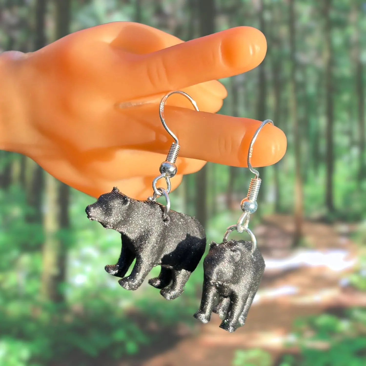 Bear Earrings in Resin Wildlife Dangle for Quirky Trendy Women and Girls (Black)