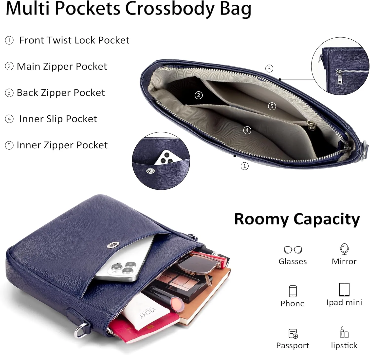 befen Genuine Leather Crossbody Bags for Women, Women's Shoulder Purse Hobo Handbags with Adjustable Wide Strap