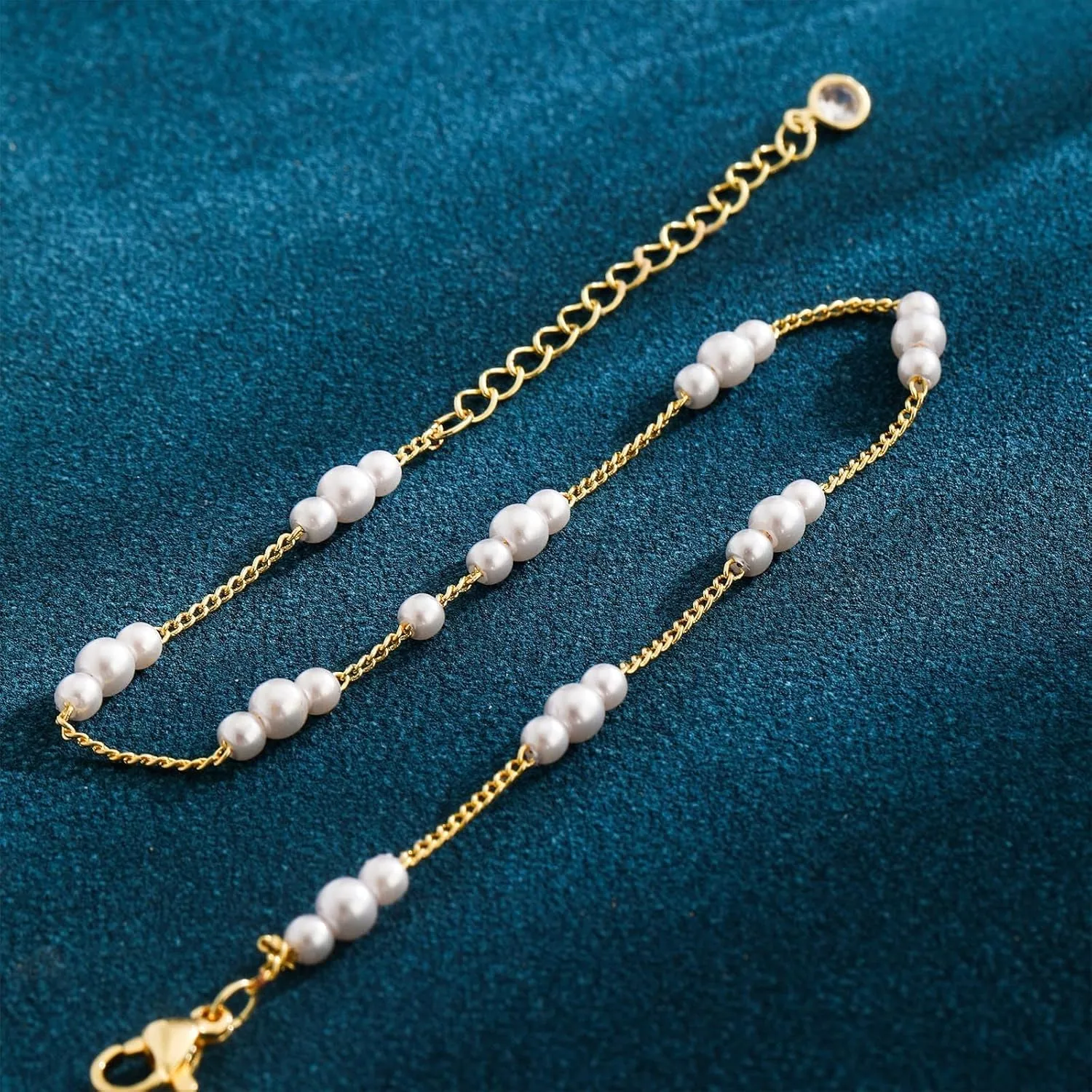 BERISO Gold/Silver Ankle Bracelets for Women,14K Gold Anklets for Women Waterproof Pearl Heart Beads Evil Eye Rhinestone Anklets Set Layered Anklet Bracelets for Women Gold Jewelry