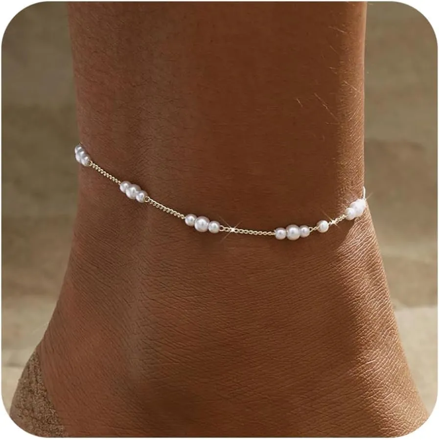 BERISO Gold/Silver Ankle Bracelets for Women,14K Gold Anklets for Women Waterproof Pearl Heart Beads Evil Eye Rhinestone Anklets Set Layered Anklet Bracelets for Women Gold Jewelry