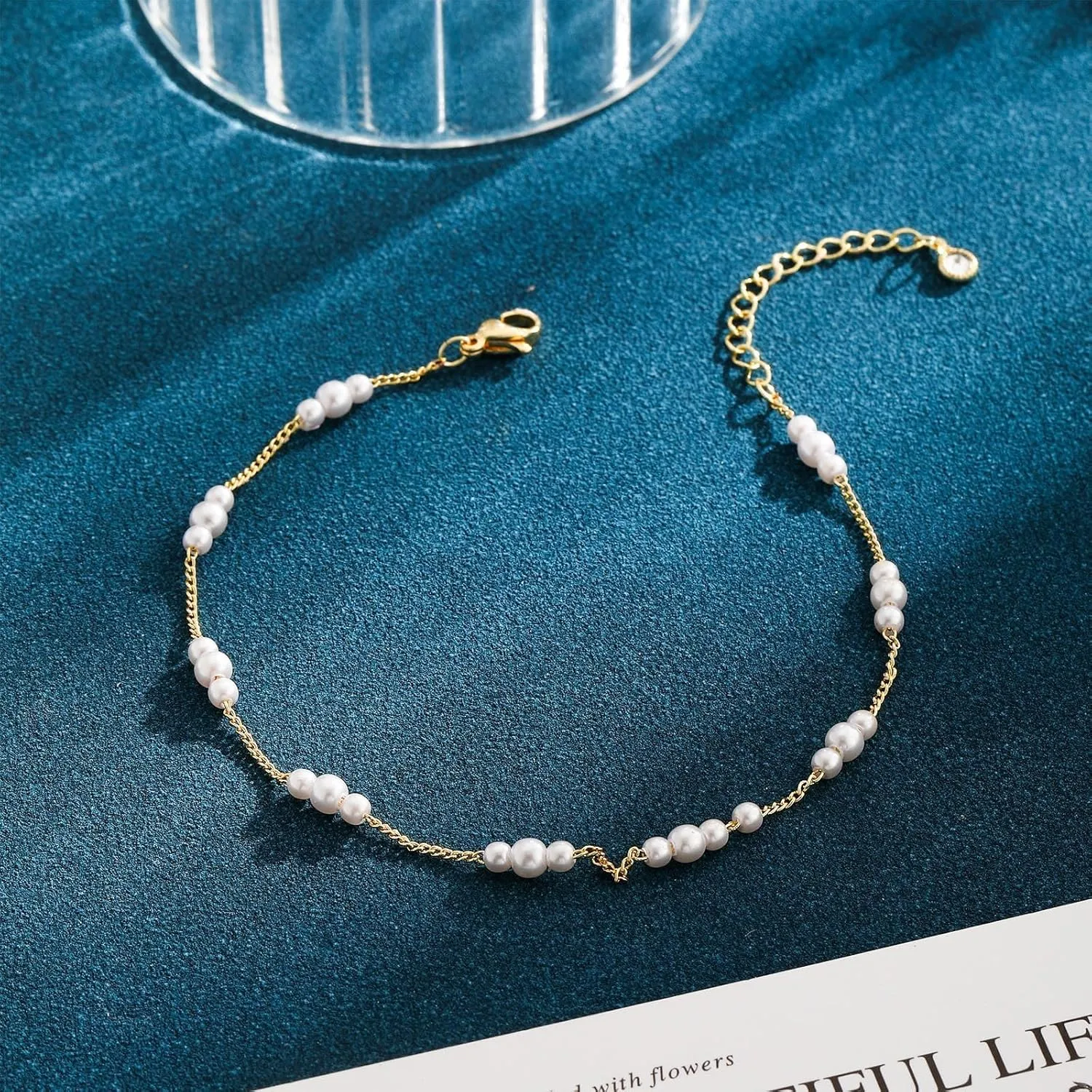 BERISO Gold/Silver Ankle Bracelets for Women,14K Gold Anklets for Women Waterproof Pearl Heart Beads Evil Eye Rhinestone Anklets Set Layered Anklet Bracelets for Women Gold Jewelry