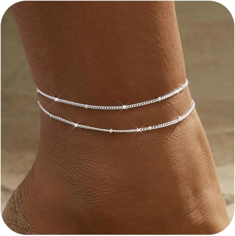 BERISO Gold/Silver Ankle Bracelets for Women,14K Gold Plated Anklets for Women Waterproof Pearl Heart Beads Evil Eye Rhinestone Anklets Set Layered Anklet Bracelets for Women Gold Jewelry