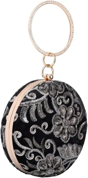 BESTYASH Banquet Lady Bag Round Flower Embroidery Rhinestones Clutch for Wedding