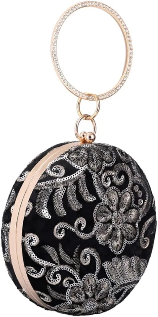 BESTYASH Banquet Lady Bag Round Flower Embroidery Rhinestones Clutch for Wedding