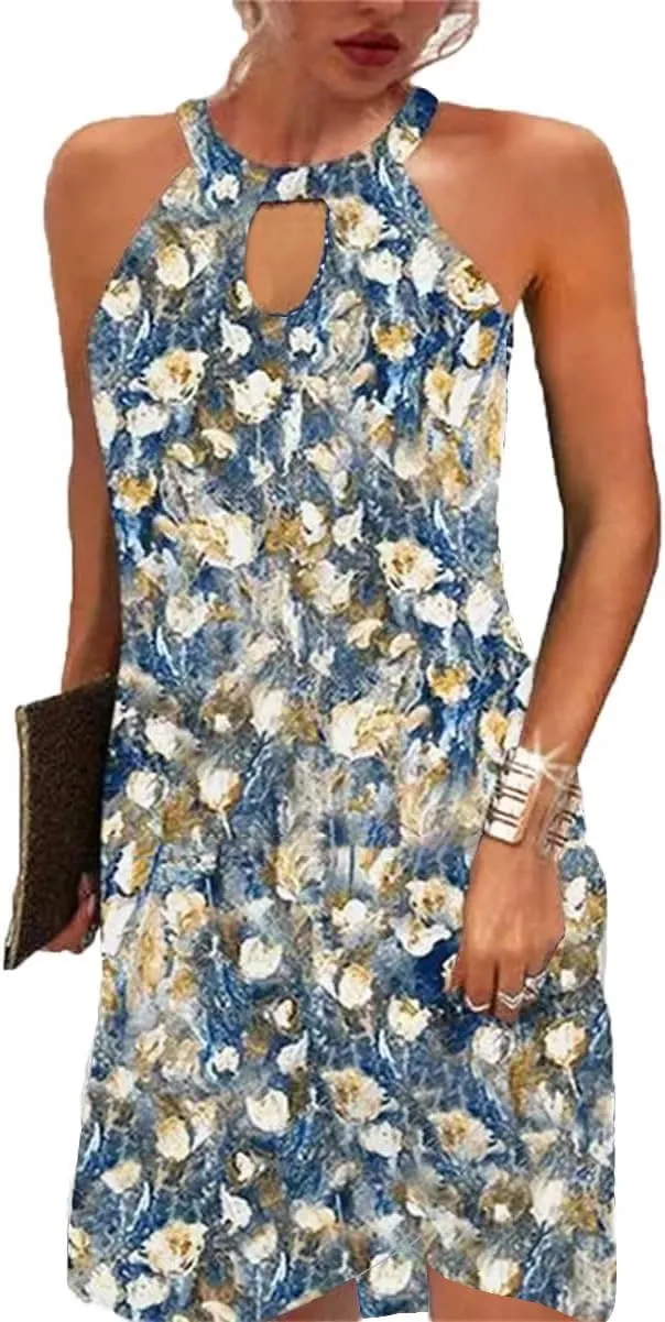 BIRW Women Summer Over The Knee Dress 2025 Casual Floral Halter Beach Vacation Sundresses with Pockets