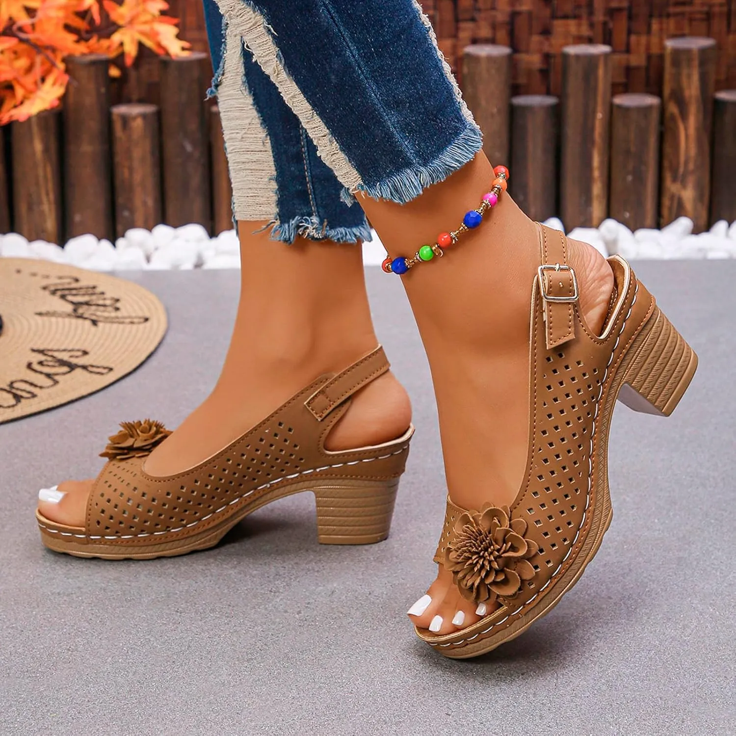 Block Heel Sandals for Women Comfortable Hollow Out Flowers Fish Mouth Slingback Sandals Summer Casual Slip on Dressy Shoes