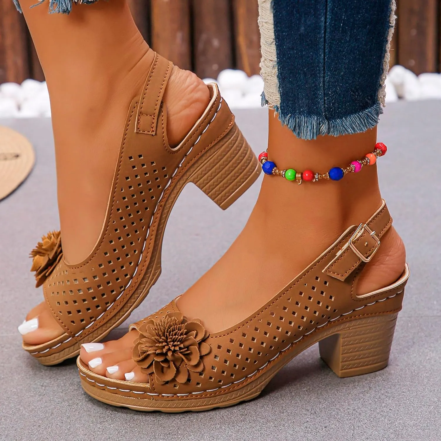Block Heel Sandals for Women Comfortable Hollow Out Flowers Fish Mouth Slingback Sandals Summer Casual Slip on Dressy Shoes