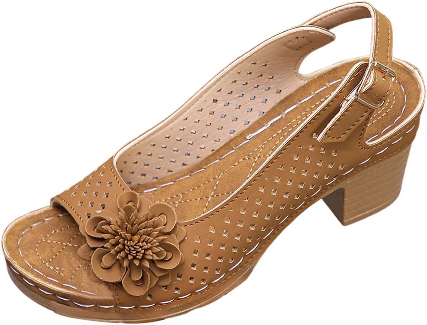 Block Heel Sandals for Women Comfortable Hollow Out Flowers Fish Mouth Slingback Sandals Summer Casual Slip on Dressy Shoes