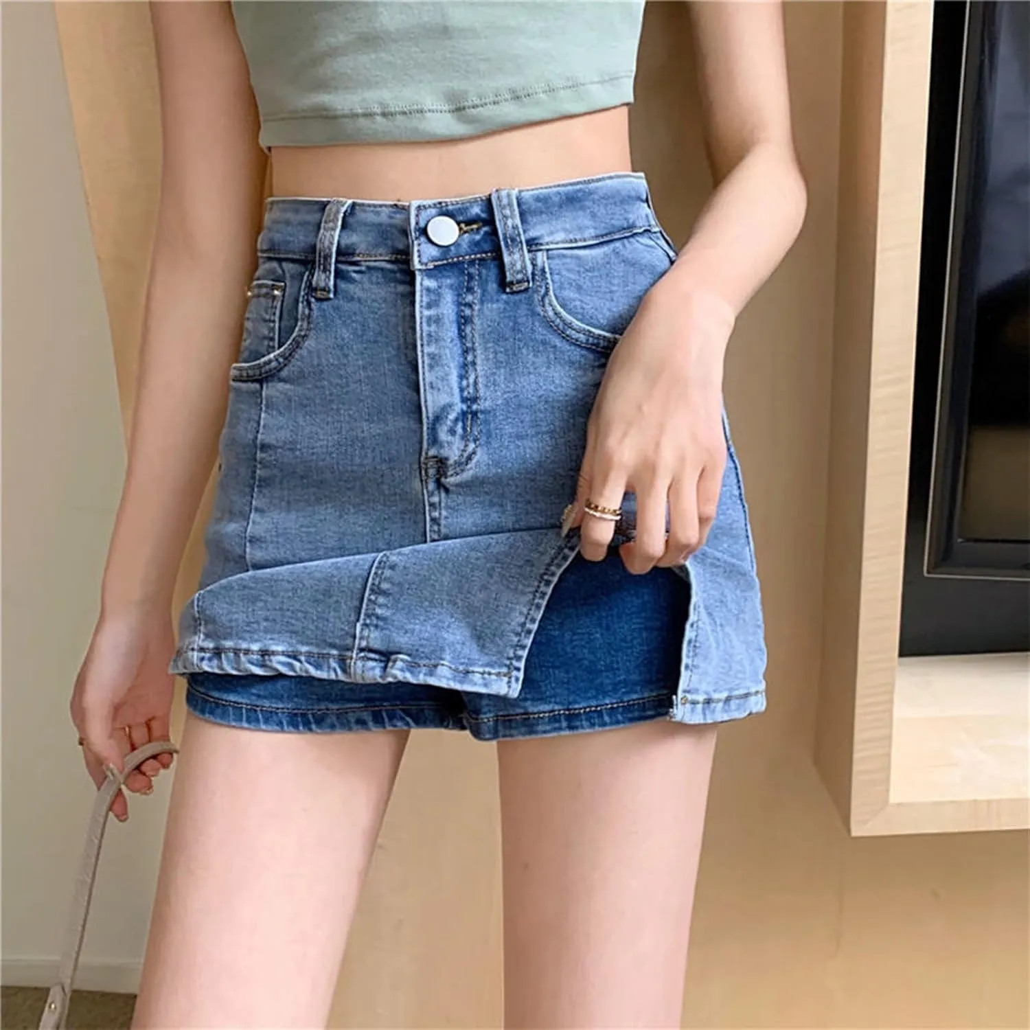 Bloomy Jean Skorts,Denim Skort for Women,Woman High Waisted Casual Stretchy Denim Skirt Side Split Mini Skirts